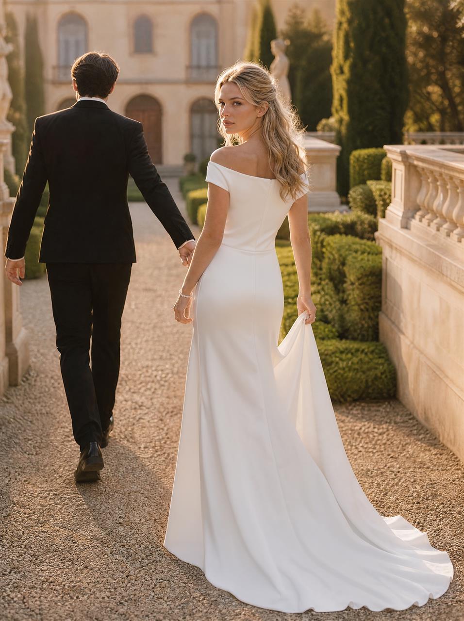 Cleanes Fit and Flare Brautkleid aus Satin mit Schlitz Cleanes Fit and Flare Brautkleid aus Satin mit Schlitz
