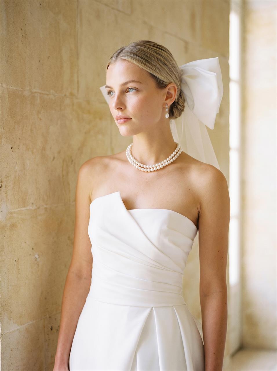 Elegantes Mikado Brautkleid im Old Money Stil mit asymmetrischem Ausschnitt Elegantes Mikado Brautkleid im Old Money Stil mit asymmetrischem Ausschnitt