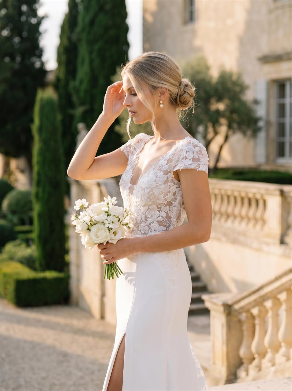 Romantisches Fit and Flare Brautkleid mit floraler Spitze Romantisches Fit and Flare Brautkleid mit floraler Spitze