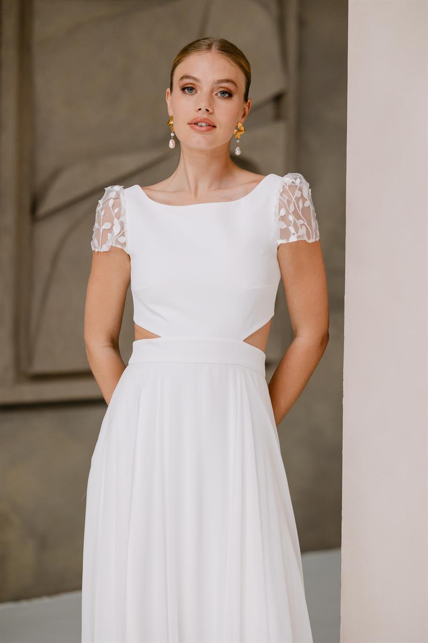 Modern-cleanes Boho-Brautkleid mit Blätterspitze Modern-cleanes Boho-Brautkleid mit Blätterspitze