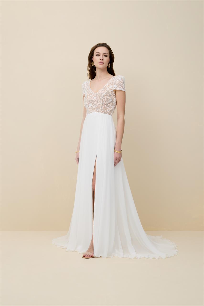 Fließendes Vintage-Brautkleid mit floraler Spitze & leichtem Chiffon-Rock Fließendes Vintage-Brautkleid mit floraler Spitze & leichtem Chiffon-Rock